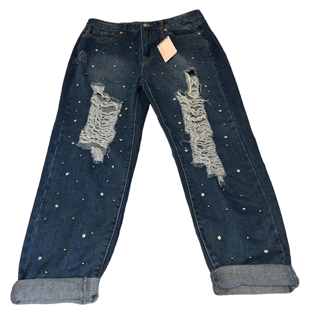 NWT distressed  bling boyfriend fit crop jeans
